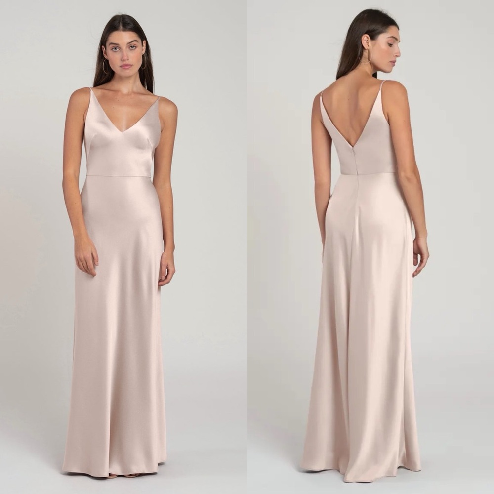 Jenny Yoo Maxi Dress Marla Satin V Neck Sleeveless Maxi Prosecco Size 10